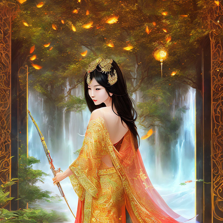 Ethereal woman in Asian garb by waterfall with golden leaves