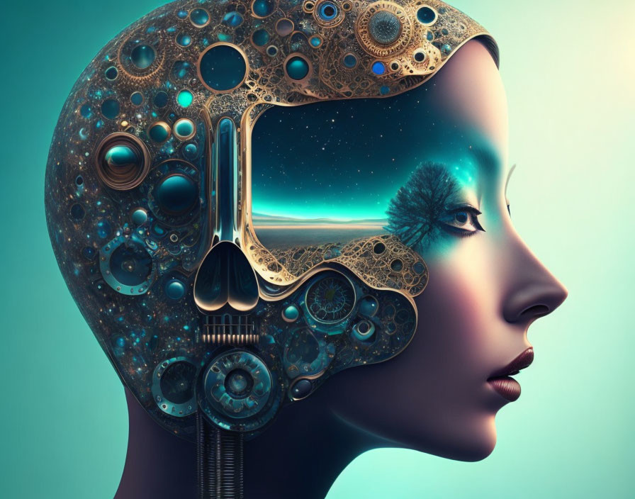 Digital artwork featuring woman's profile with mechanical gears and serene landscape symbolism