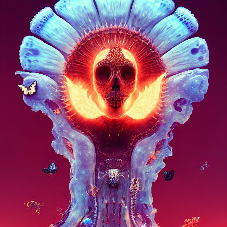 Surreal skull in orange light amidst blue coral with butterflies.