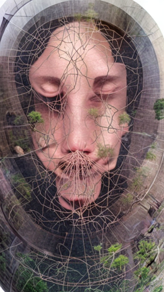 Face with transparent root-like texture and circular pattern symbolizing nature and growth.