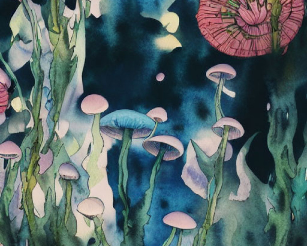 Assorted Mushrooms Painting in Mystical Forest Landscape