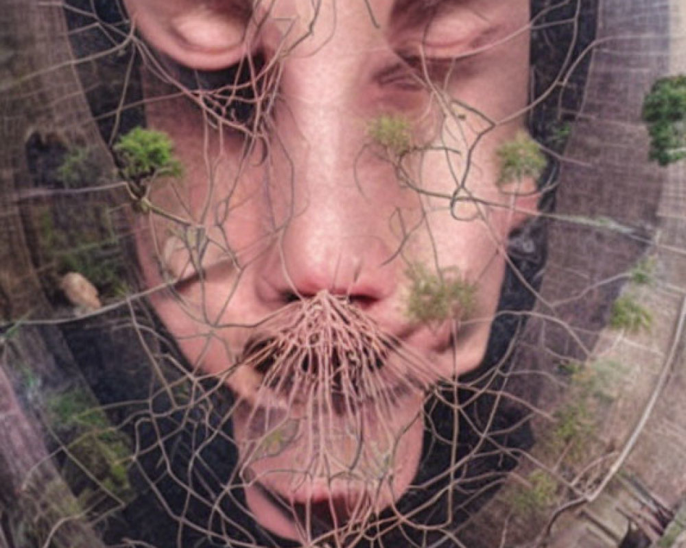 Face with transparent root-like texture and circular pattern symbolizing nature and growth.