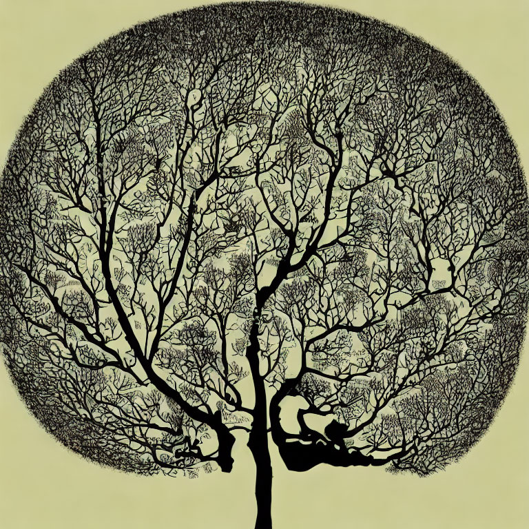 Circular black tree silhouette on yellow background symbolizing moon or life cycle