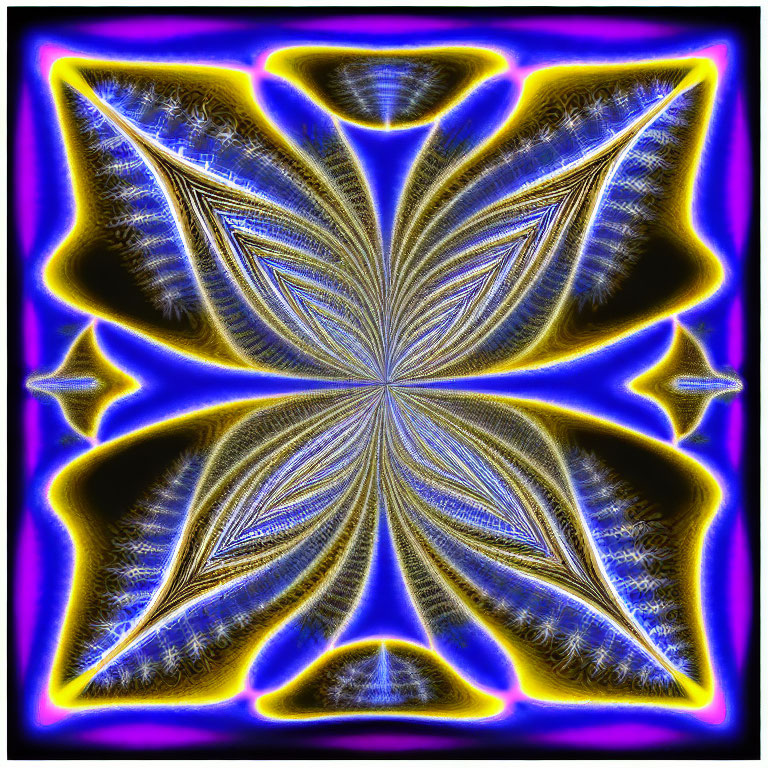 Symmetrical blue, yellow, and purple digital abstract art in kaleidoscope style