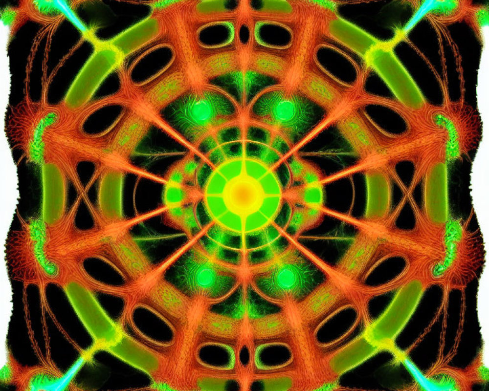 Symmetric fractal pattern with green and orange hues and luminous yellow core