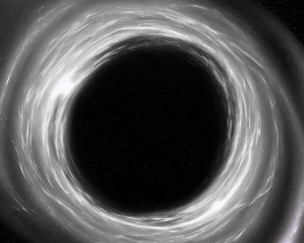 Detailed depiction of black hole with accretion disk and gravitational lensing effects.