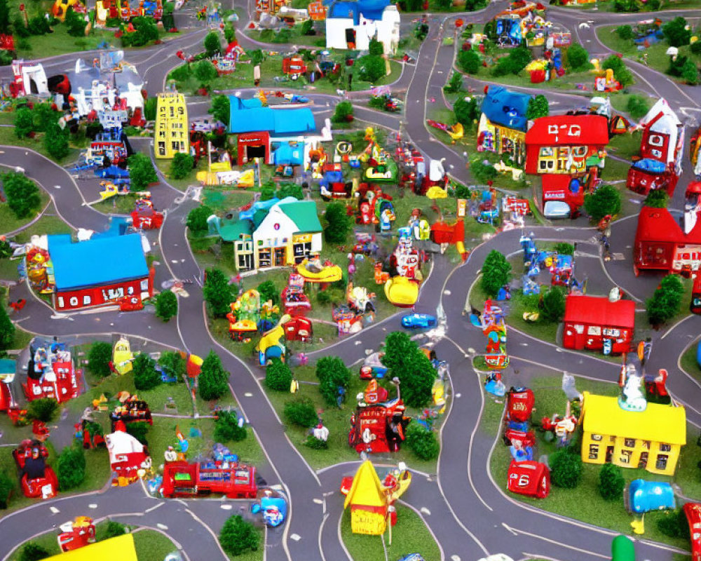 Colorful miniature town with buildings, roads, vehicles, and tiny figures