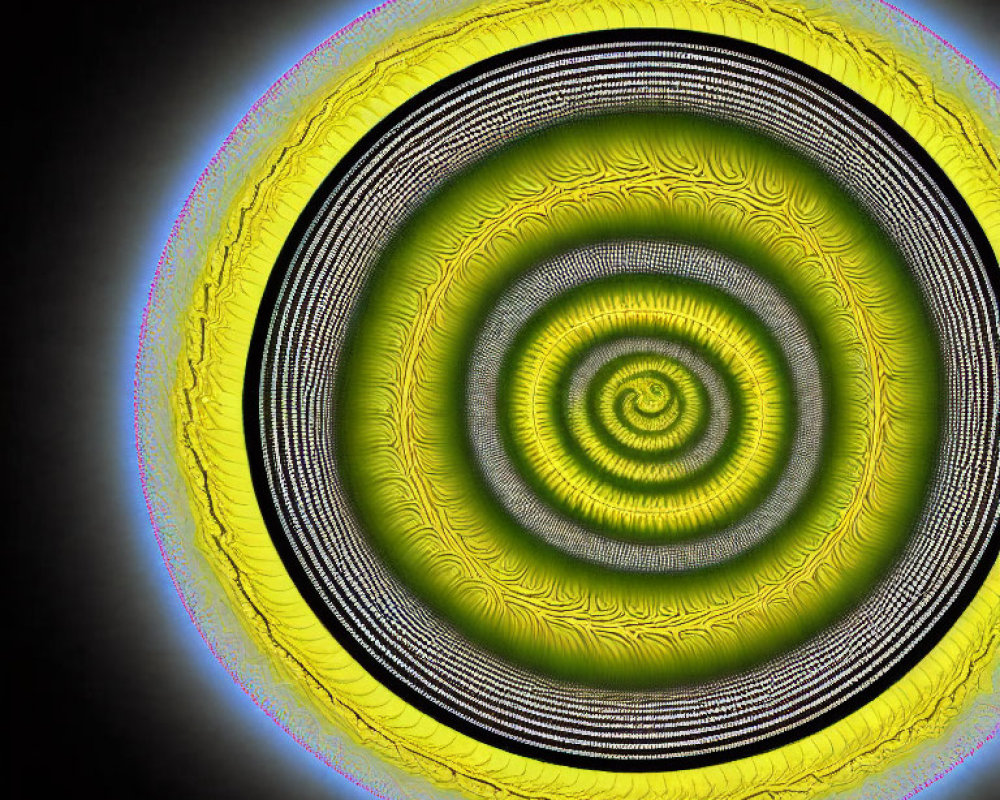 Abstract Digital Art: Yellow and Black Concentric Circles with Spiral Pattern