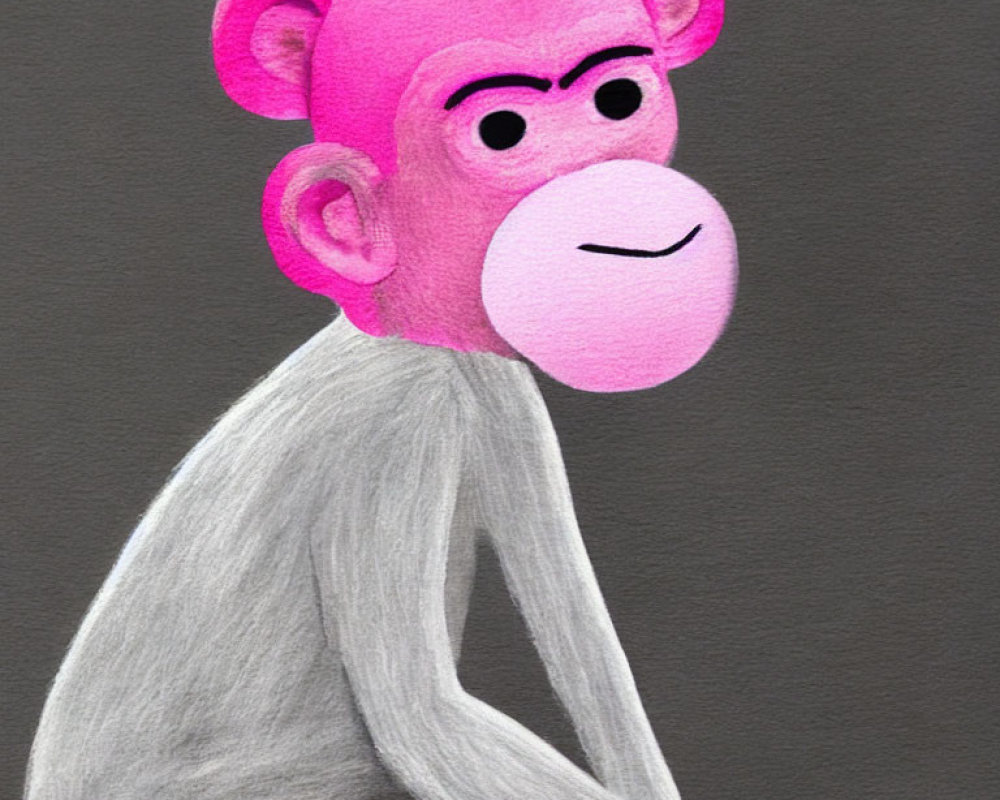 Stylized pink and grey monkey with thoughtful expression on dark background