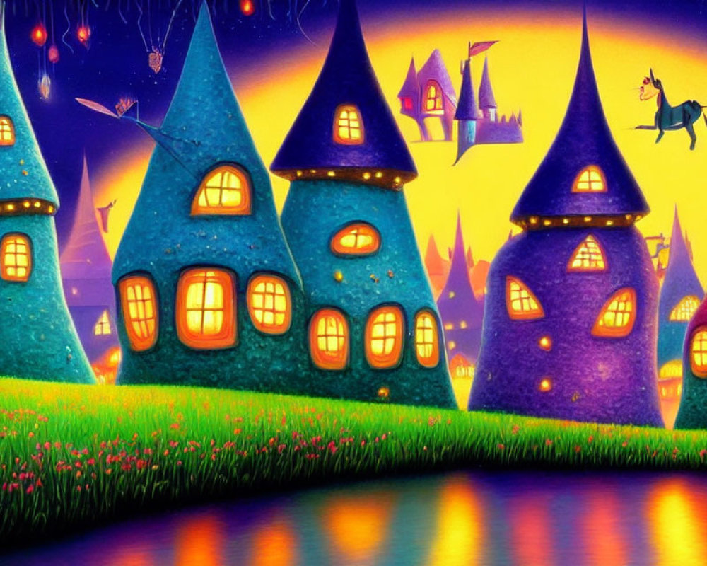 Whimsical illustration of magical village with unicorn and lanterns