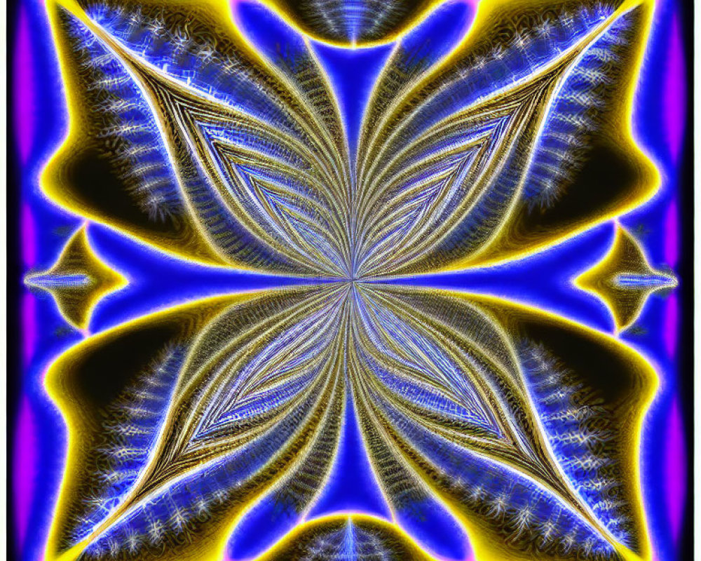 Symmetrical blue, yellow, and purple digital abstract art in kaleidoscope style