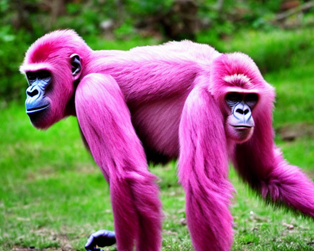 Vibrant pink baboons on grass with green background