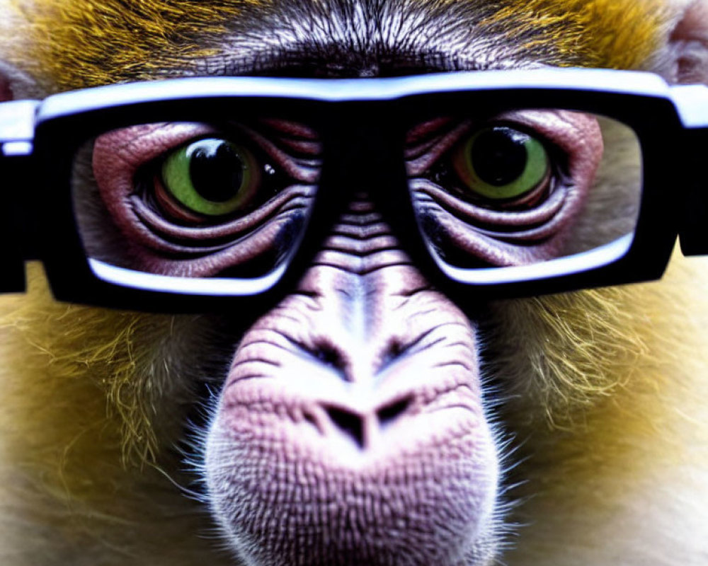 Monkey with Green Eyes Wearing Black Glasses in Close-Up