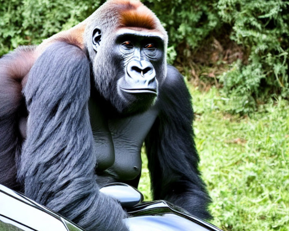 Silverback Gorilla Sitting on Car Surrounded by Greenery