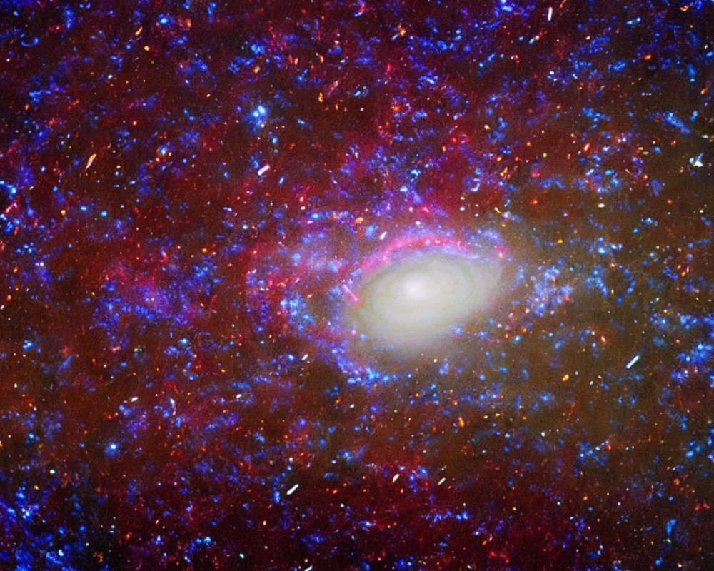 Vibrant Spiral Galaxy with Red and Blue Cosmic Clouds and Stars