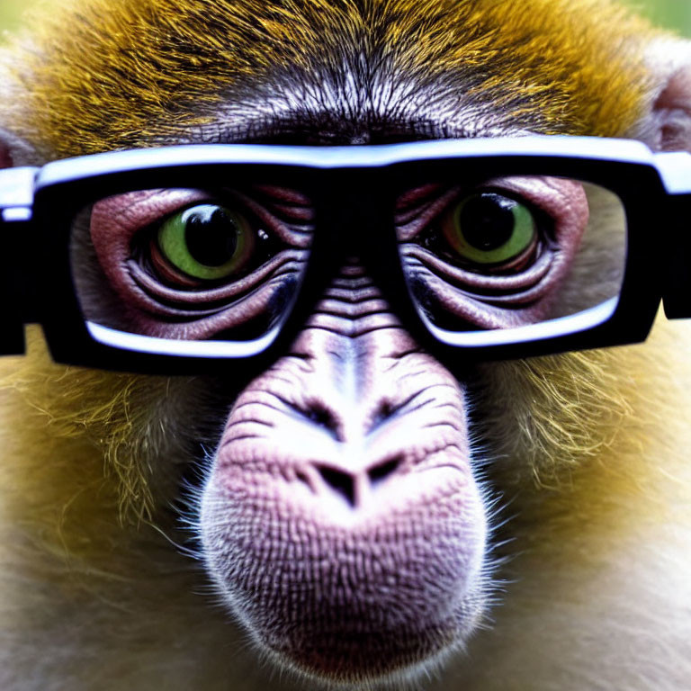 Monkey with Green Eyes Wearing Black Glasses in Close-Up