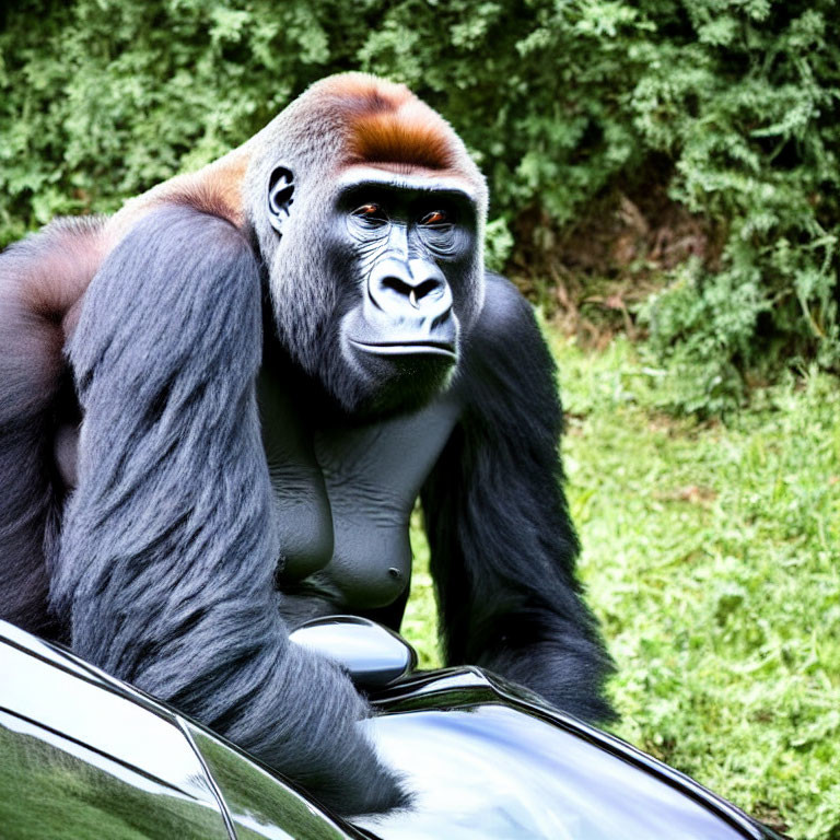 Silverback Gorilla Sitting on Car Surrounded by Greenery