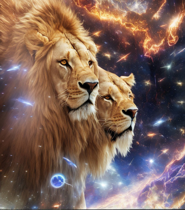 Majestic lions on cosmic backdrop with stars and nebulae