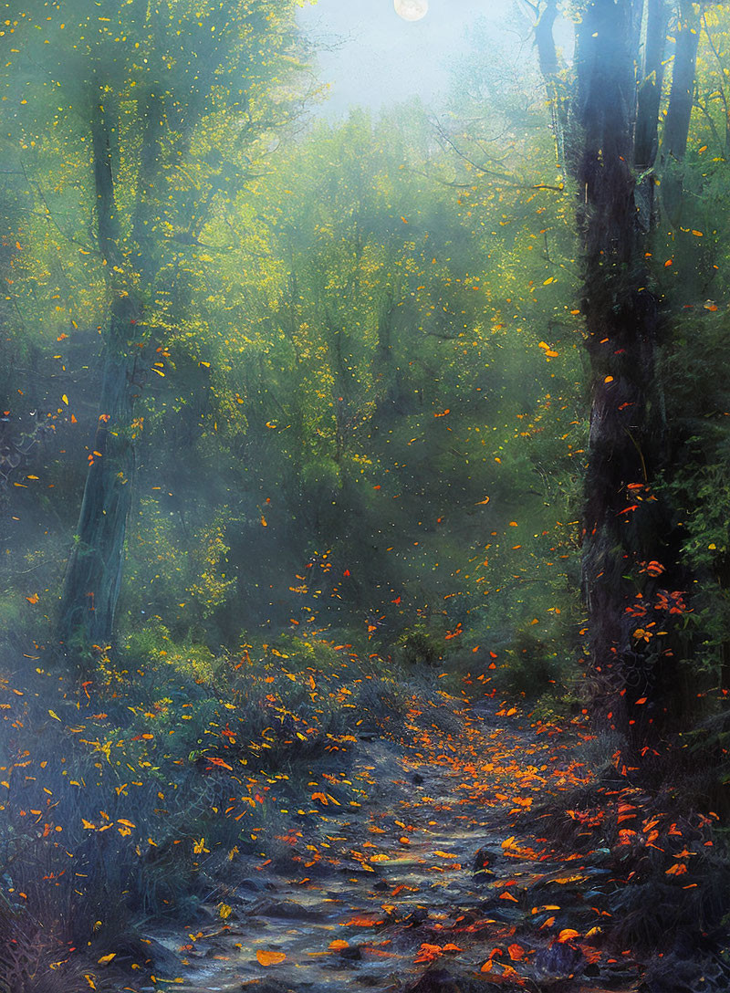 Majestic forest scene with sunbeams, mist, golden leaves, and towering trees