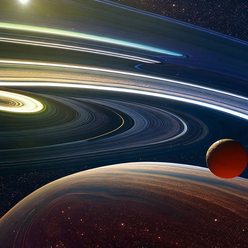 Colorful space scene with giant ringed planet, celestial body, and star.