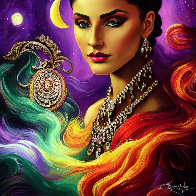 Colorful portrait of a woman with multicolored hair and jewelry in cosmic setting