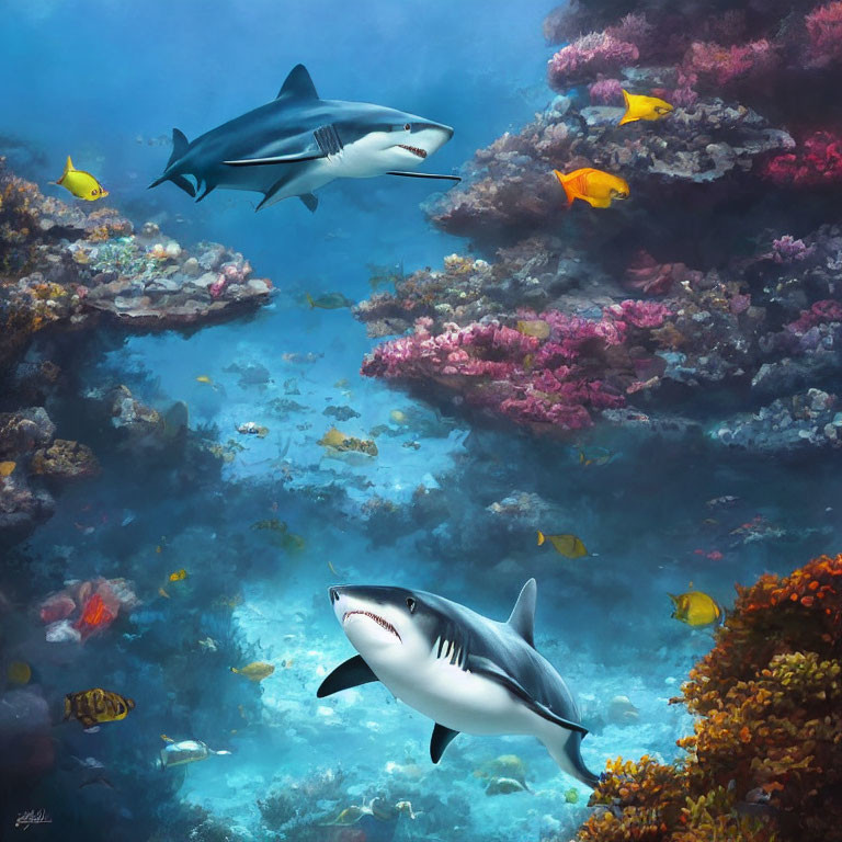 Underwater Scene: Two Sharks Swimming Near Vibrant Coral Reef