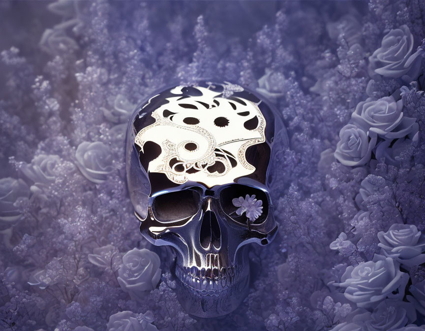 Carved skull with floral patterns on purple rose backdrop