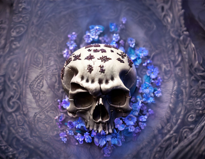 Skull with Purple Floral Patterns on Textured Blue Background