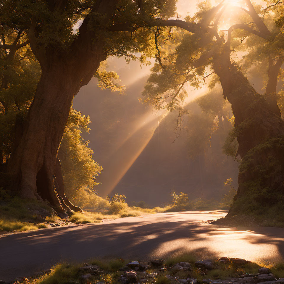 Forest canopy sunlight filtering onto winding road flanked by majestic trees.