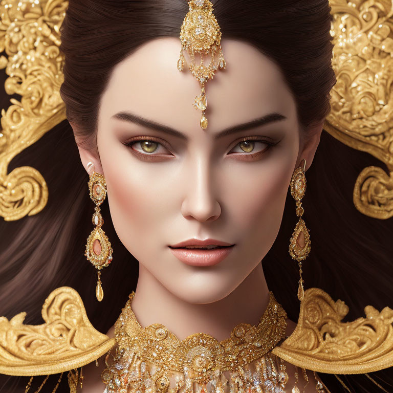 Digital artwork of woman with intricate gold jewelry and ornate headdress.