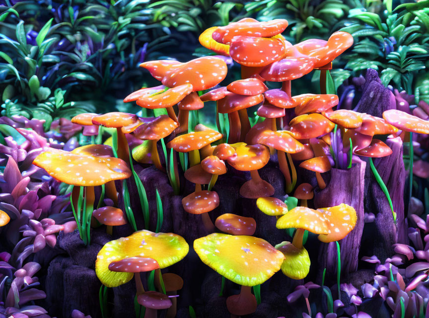 Colorful Orange Mushrooms with Yellow Spots on Dark Log in Vibrant Foliage