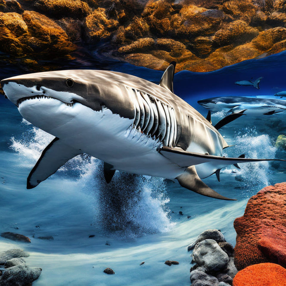 Majestic great white shark with open mouth in colorful underwater scene