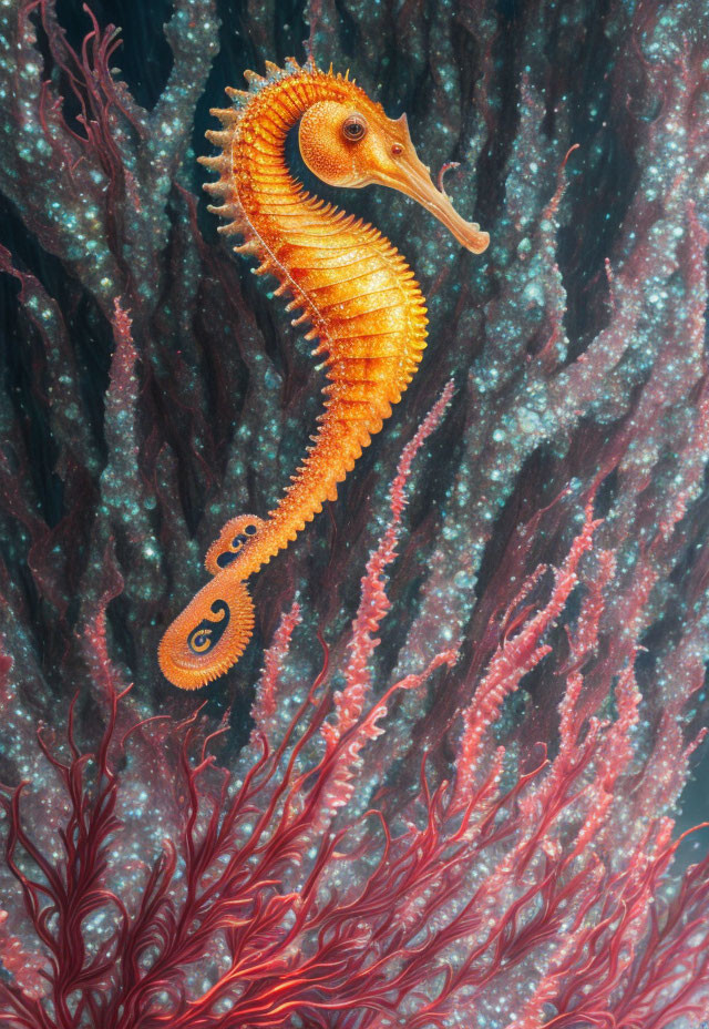 Orange Seahorse Wrapped Around Coral in Underwater Scene