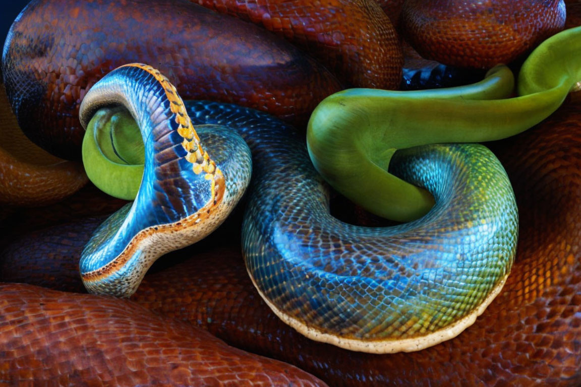 Vibrant intertwined snakes with detailed blue, green, and brown scales