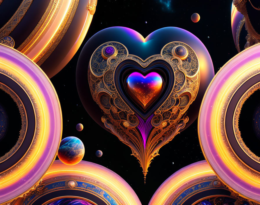 Colorful 3D fractal art with heart-shaped designs and celestial orbs in starry space