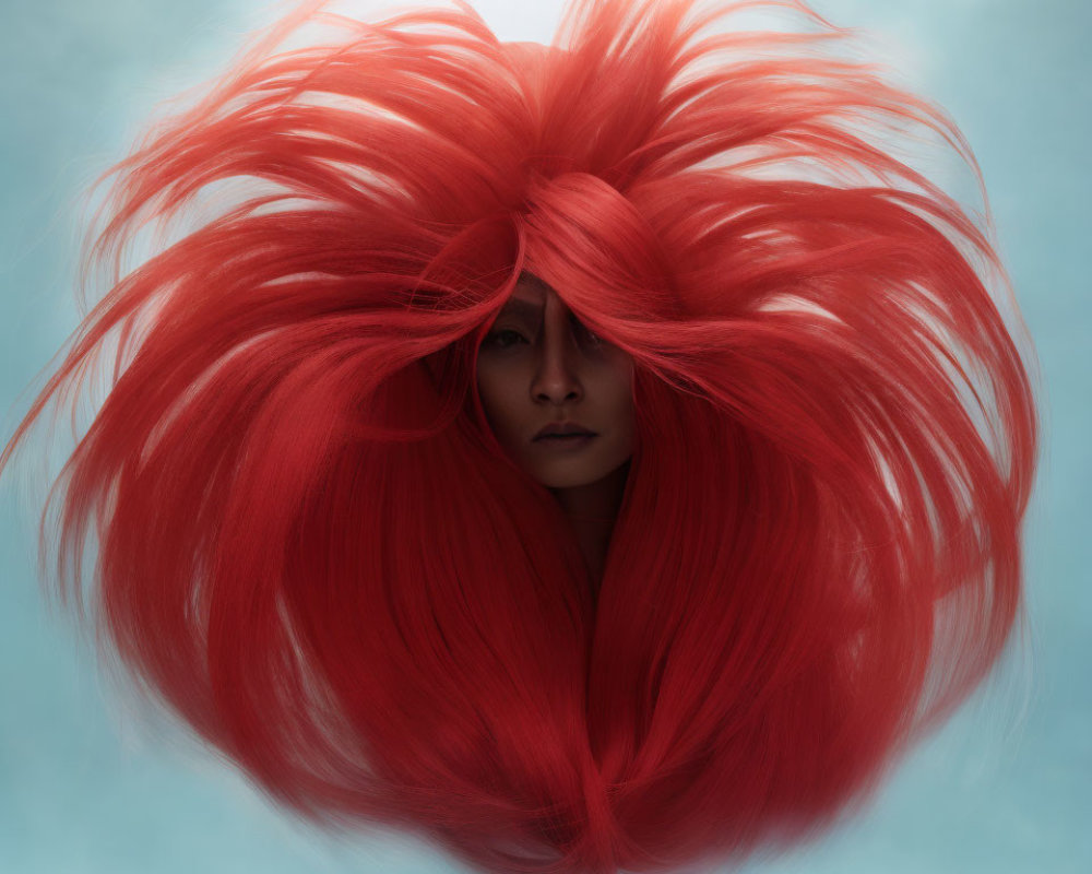 Vibrant red hair against soft blue background portrait