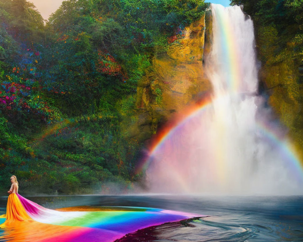 Woman in flowing dress at base of waterfall with rainbow