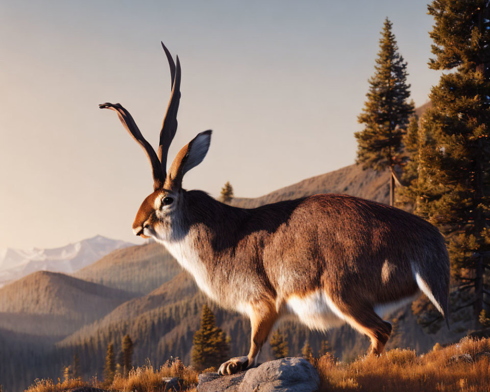 Surreal creature with antelope-like horns in mountain landscape