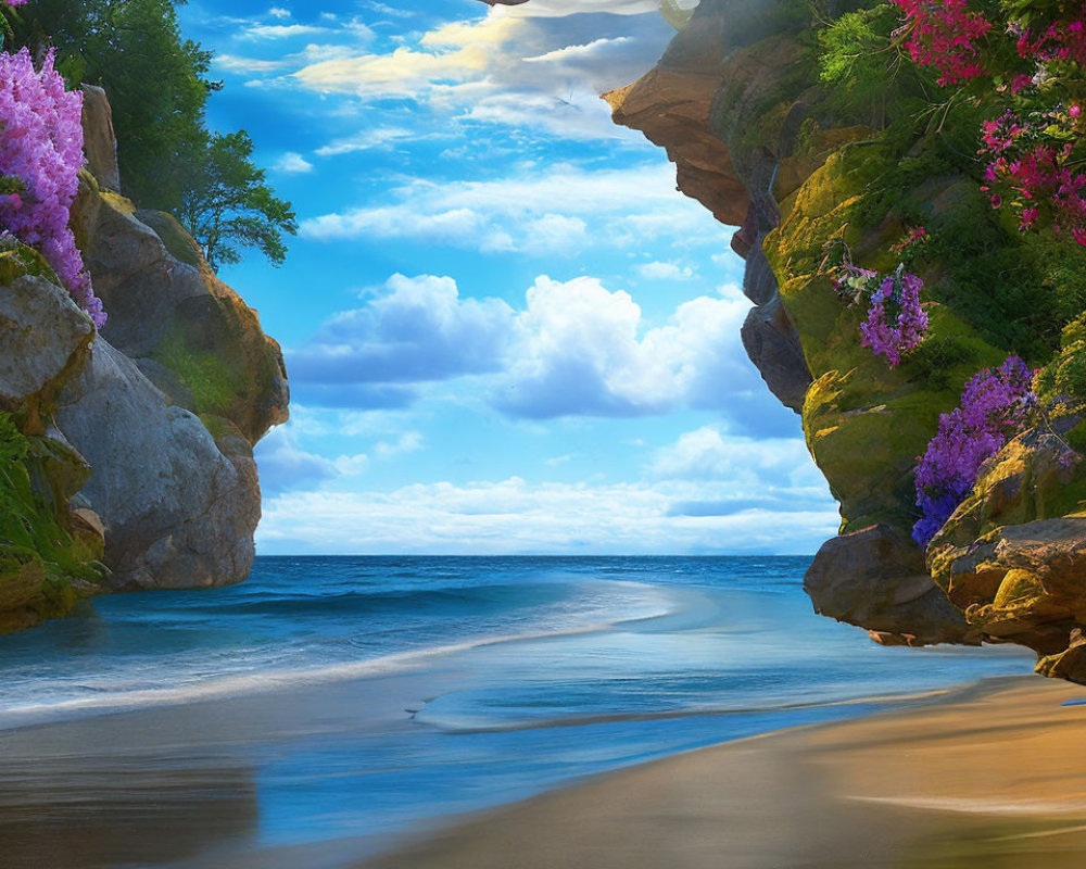 Tranquil beach scene with rocky cliffs and purple flowers