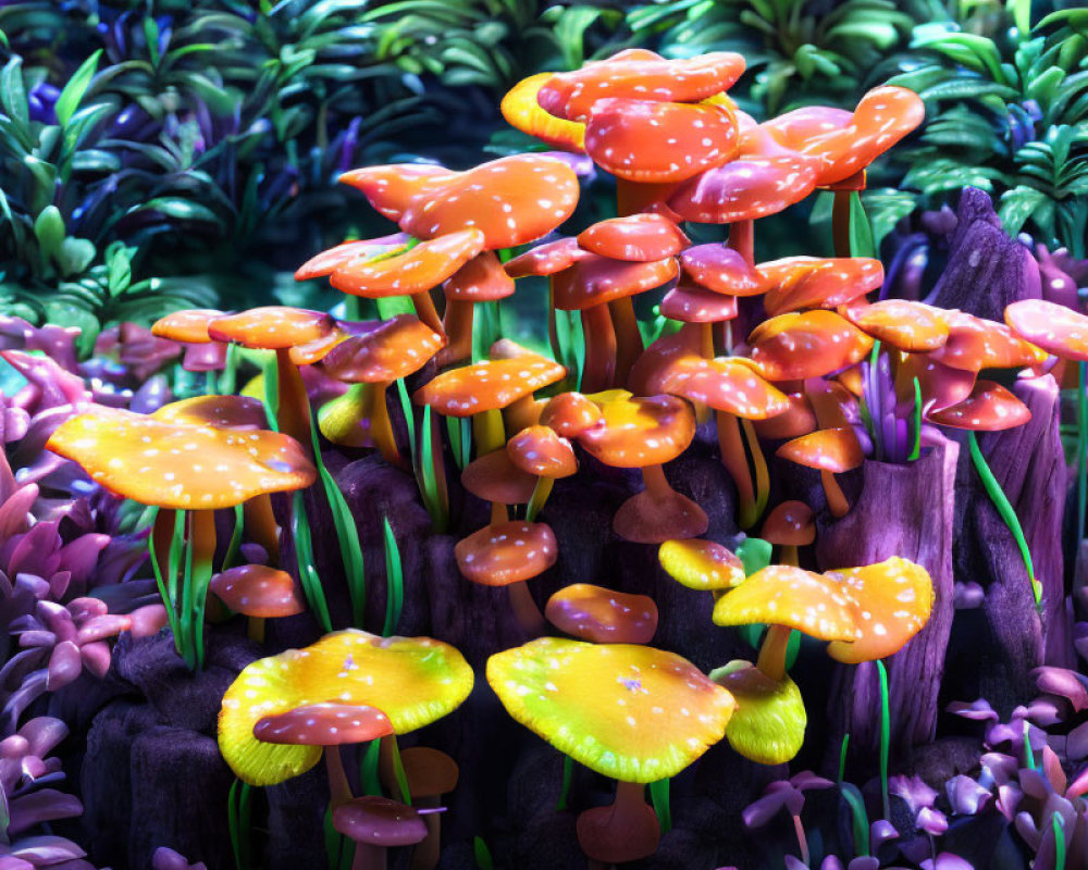 Colorful Orange Mushrooms with Yellow Spots on Dark Log in Vibrant Foliage