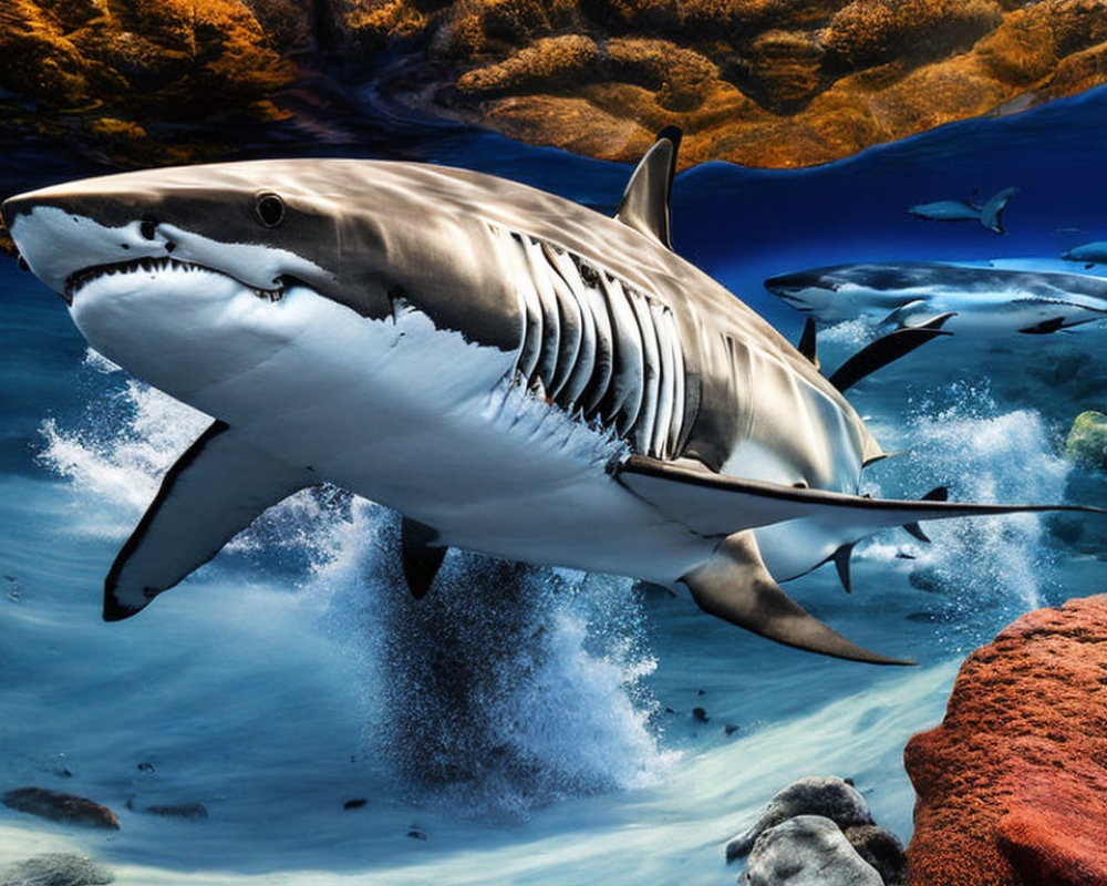 Majestic great white shark with open mouth in colorful underwater scene