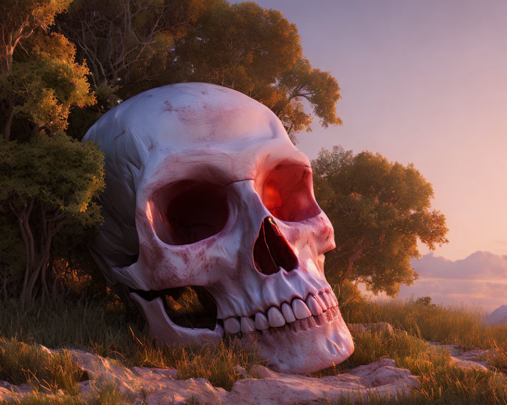 Giant human skull in tranquil field at sunset