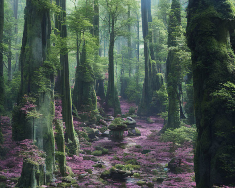 Tranquil forest scene with tall trees, purple flowers, mossy rocks, and misty ambiance