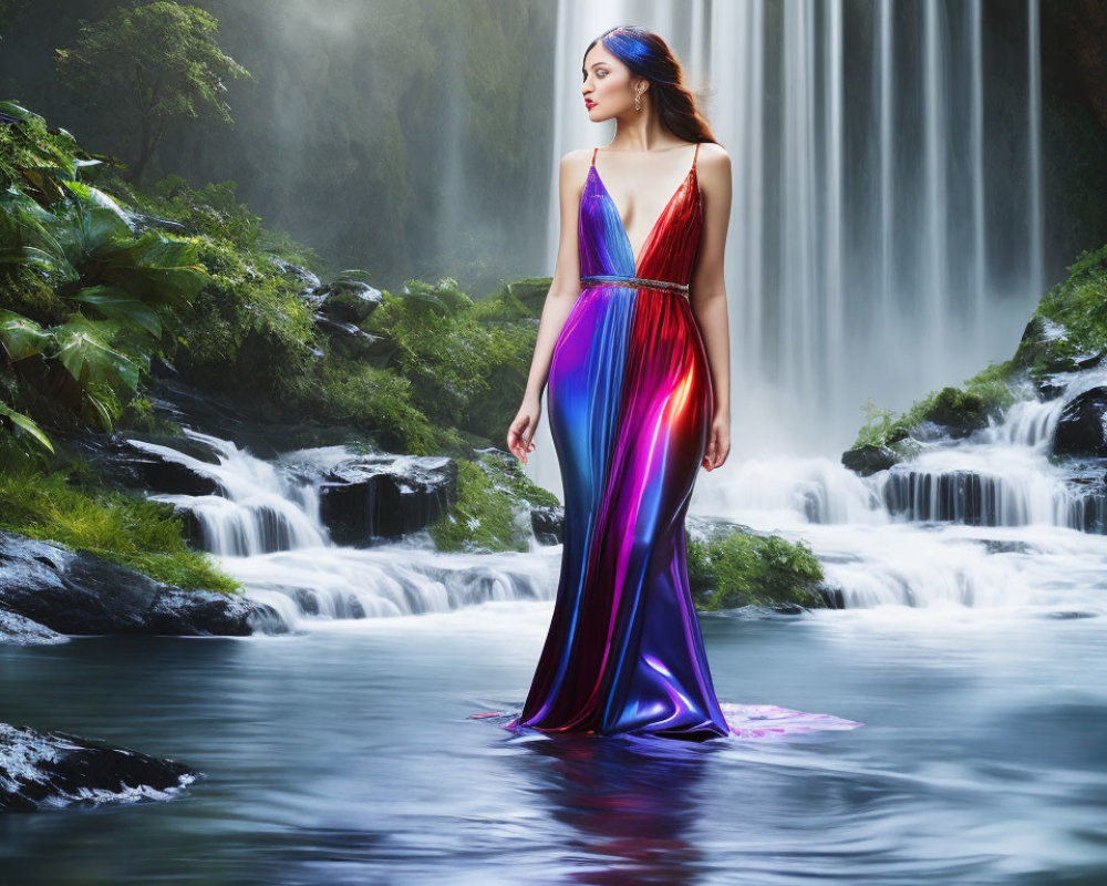 Woman in Colorful Dress Contemplating Waterfall in Lush Greenery