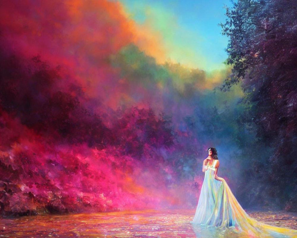 Woman in flowing dress by reflective water under colorful sky