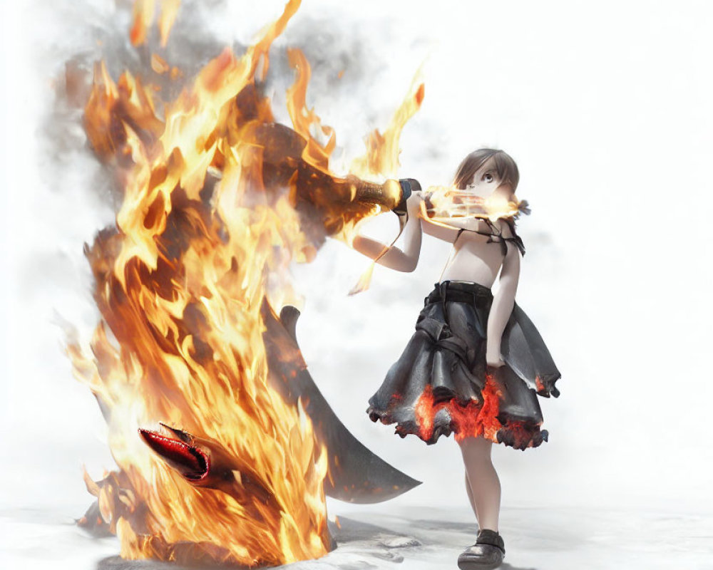 Anime-style girl in dark dress wields giant flaming sword