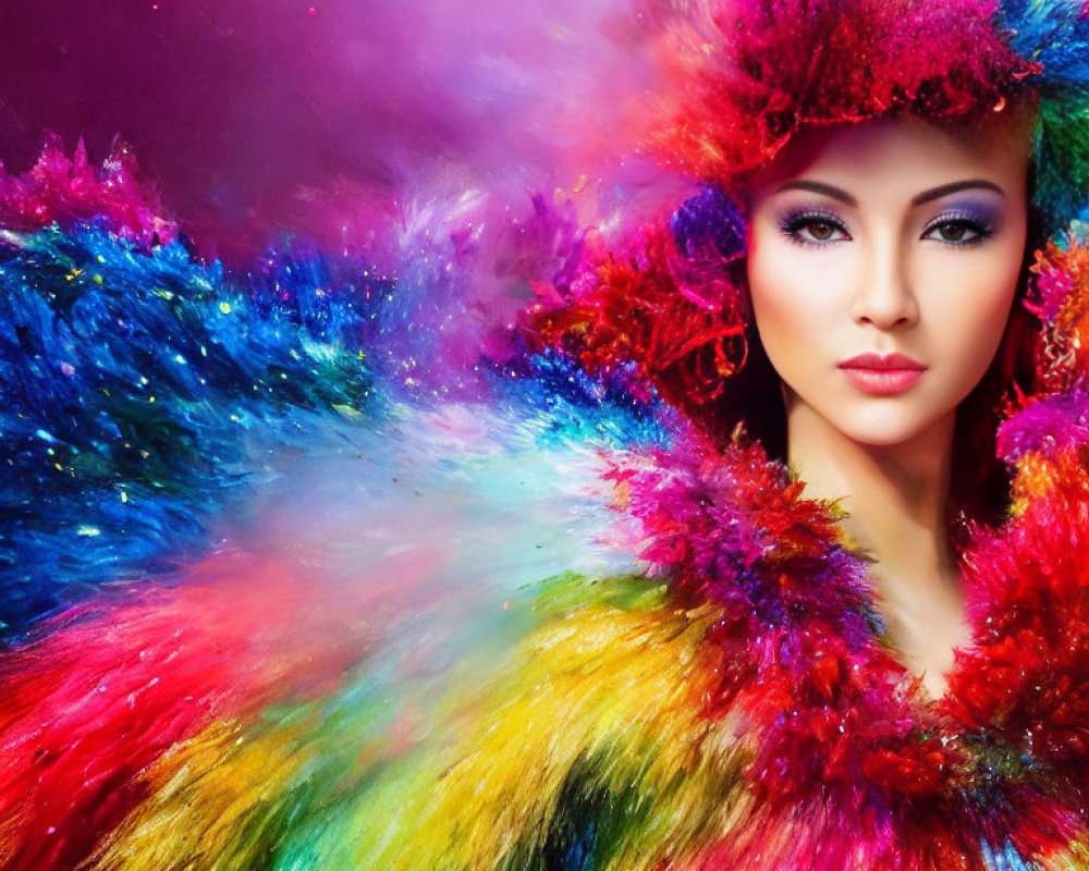 Woman with Subtle Makeup in Vibrant Feathery Attire