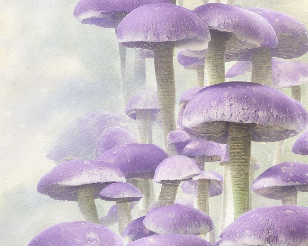 Vibrant purple mushroom clusters in misty fantasy setting