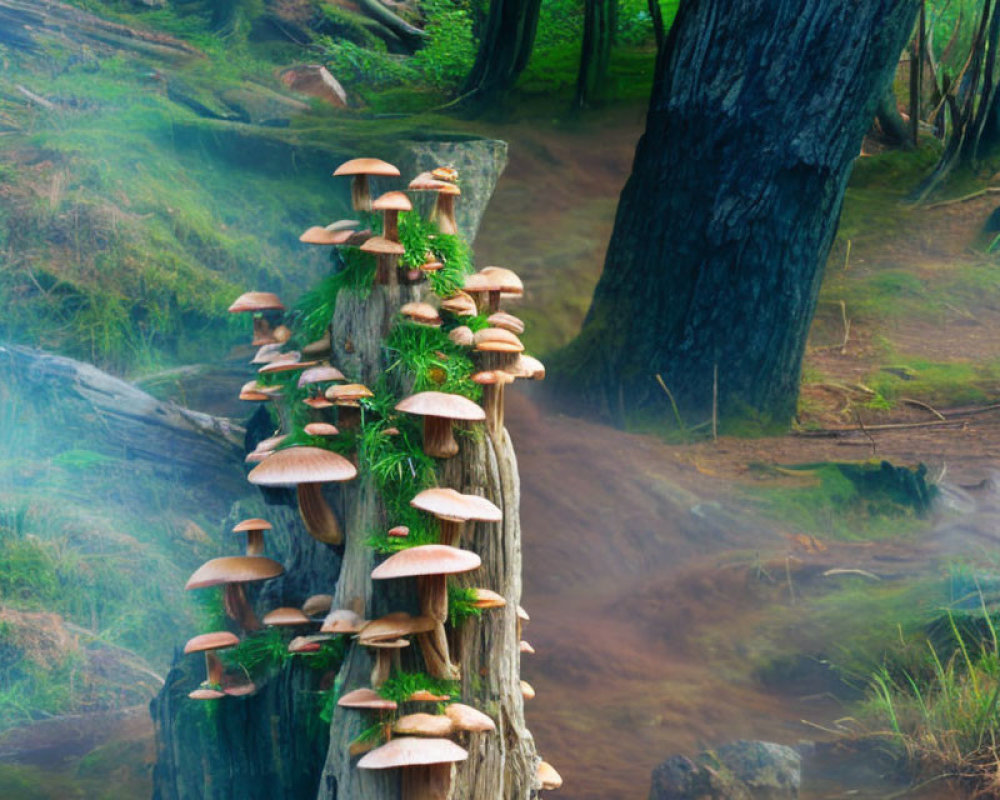 Mystical forest with stream, dead tree, and mushrooms