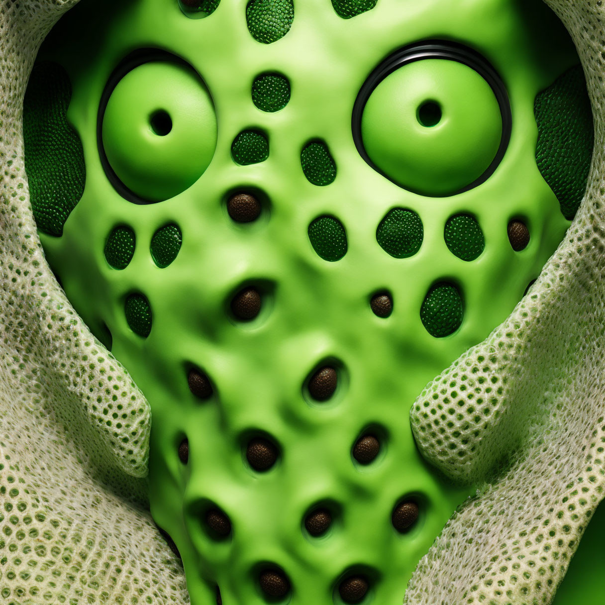 Whimsical green creature with big eyes and porous face.